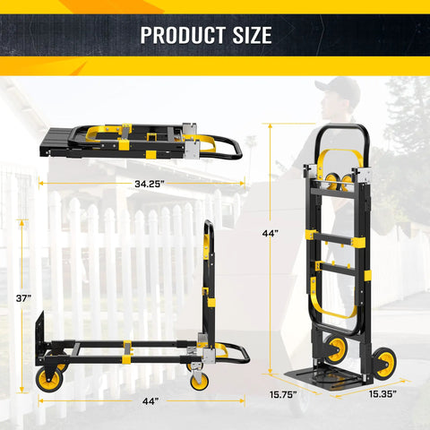 Upgraded 3-In-1 Folding Hand Truck Dolly For Home Office And Warehouse Converting From Two-Wheel Stair Climber To Four-Wheel Platform Cart Heavy Duty 600 Lb Capacity With Solid Wheels And Straps Orange showing product size 44 x 15.75 x 15.35 inches