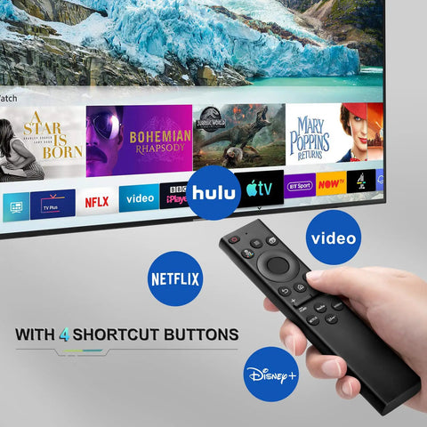 Universal Smart TV Remote Control For All LED LCD QLED UHD SUHD HDR Frame Curved 4K 8K 3D Replacement With Netflix And Prime Video Shortcuts And Extended 40 Foot Range For Easy Power On Off in hand with streaming service buttons visible.