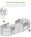 Diagram of 8x2x2ft Oval Outdoor Metal Raised Garden Bed For Vegetables And Herbs Deep Root Planter Holds Up To 215 Gallons With 4 Support Bars And Six Configurations No Bottom Panel with assembly instructions and hardware details.