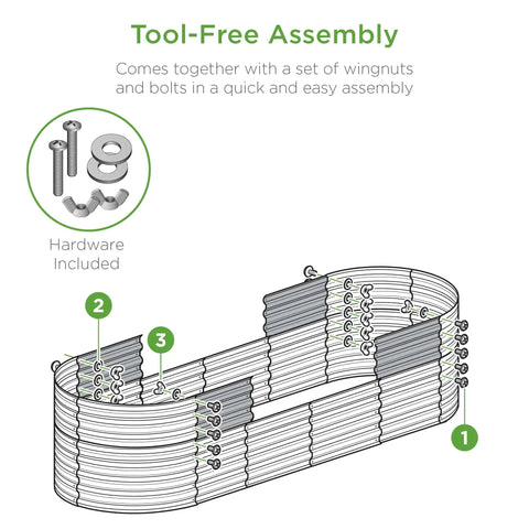 Diagram of 8x2x2ft Oval Outdoor Metal Raised Garden Bed For Vegetables And Herbs Deep Root Planter Holds Up To 215 Gallons With 4 Support Bars And Six Configurations No Bottom Panel with assembly instructions and hardware details.