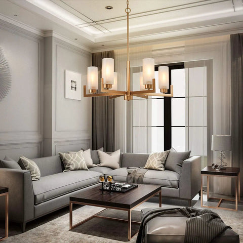 Six Light Gold Chandelier With White Frosted Glass Shades For Dining Room Living Room Kitchen And Bedroom Modern Chic Fixture
