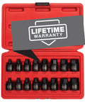 Low Profile Impact Hex Driver Set Three Eighths Inch Drive Sixteen Piece Dual Size Markings From One Quarter Inch To Three Quarters Inch SAE And Metric Chrome Moly Steel Solid One Piece Construction Fits Tight Spaces Heavy Duty Case ANSI Compliant displayed in red case