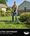 Cordless Weed Eater With Wheels No Cord Hassle Free 20V 6 Inch Cutting Width in use on lawn