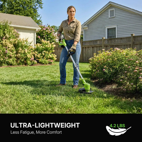 Cordless Weed Eater With Wheels No Cord Hassle Free 20V 6 Inch Cutting Width in use on lawn