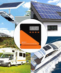 Collage featuring Upgraded 20A MPPT Solar Charge Controller With LCD Screen 12V 24V 50V Max, solar panels on RV, boat, house.