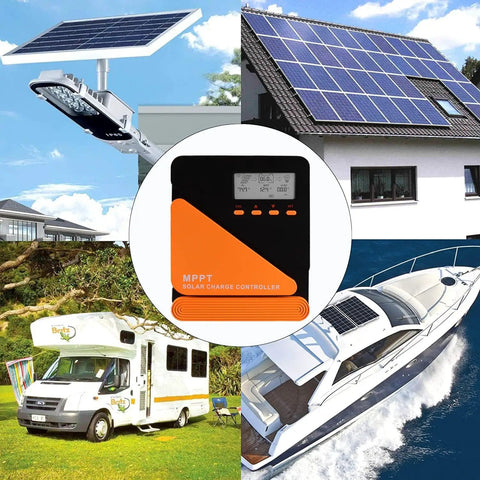 Collage featuring Upgraded 20A MPPT Solar Charge Controller With LCD Screen 12V 24V 50V Max, solar panels on RV, boat, house.