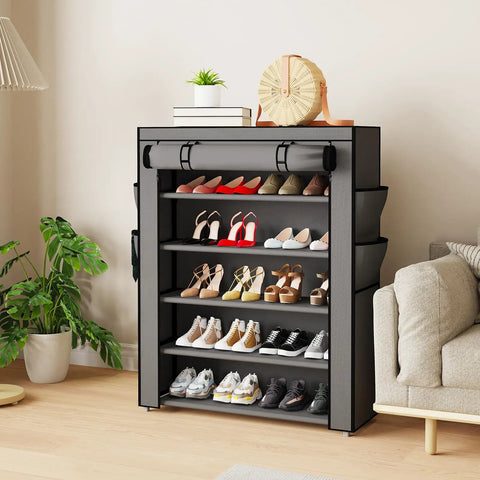 Gray 6 Tier Shoe Rack With Cover, Large Capacity Shoe Organizer For Entryway Front Door Closet Or Garage in living room