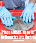 Person with gloves placing a saw blade into Collapsible Silicone Saw Blade Cleaning Tray For Holding Cleaning Solution Ideal For Table Saw Circular Saw Miter Saw And Contractor Blades Up To 12 Inches In Diameter Great For Woodworking Maintenance And Quick Cleanup.