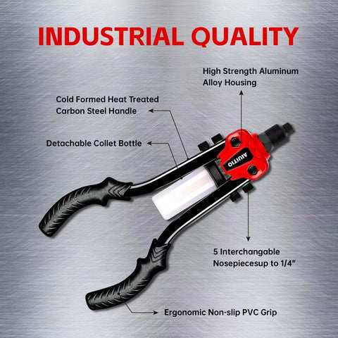 Beefy One Quarter Inch Rivet Gun Kit With 230 Rivets And Five Drill Bits Thirteen Inch Two Handed Riveter Tool Set image showing components.