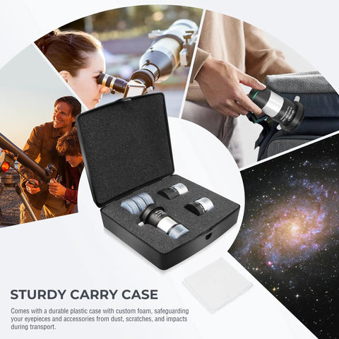 Sturdy carry case with Beginner Telescope Accessory Kit With 8 Pieces Featuring Fully Coated Eyepieces, 2X Barlow Lens, Moon Filter.