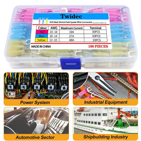 100 Pcs Heat Shrink Fork Spade Connectors Waterproof Quick Splice Crimp U Type Terminals kit with color-coded storage case