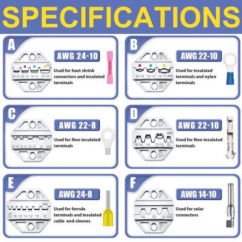 Image showing six interchangeable chrome dies labeled A to F with uses for heat shrink, insulated, non-insulated, ferrule, and solar connectors.