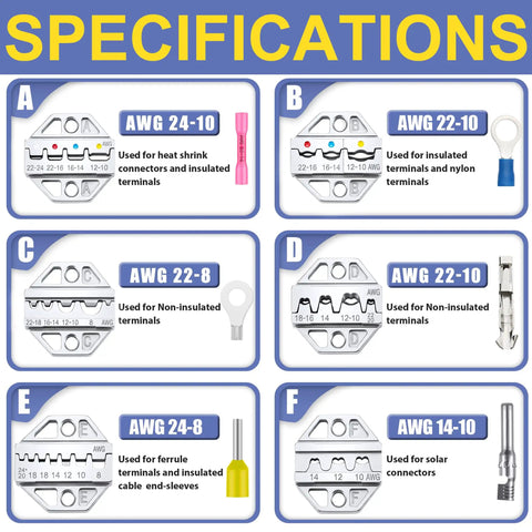 8 Piece Ratchet Crimping Tool Set for various terminal specifications and AWG sizes A to F, suitable for DIY projects.