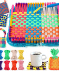 Easy Potholder Loom Craft Kit For Kids And Beginners with colorful loops and completed potholders