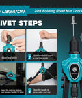 Instruction steps for using the Two In One Rivet Nut Tool And Rivet Gun Kit Folding Heavy Duty Hand Tool with 11 Mandrels and 5 Nose Pieces.