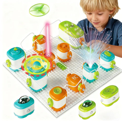 Child playing with Hands On STEM Circuit Kit For Kids With 168 Projects And 37 Circuit Parts Electronics Building Blocks