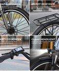 Electric Bike For Adults With 1000W Peak Motor 20 MPH Top Speed 26 Inch Step Through Frame showing suspension, screen, rack, headlight