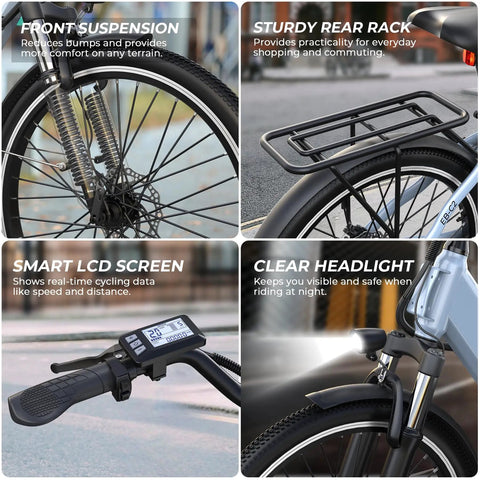 Electric Bike For Adults With 1000W Peak Motor 20 MPH Top Speed 26 Inch Step Through Frame showing suspension, screen, rack, headlight