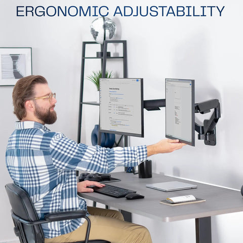 User adjusting Super Smooth Heavy Duty Double Arm Dual Monitor Wall Mount With Zero Hassle Quick Height Adjustment For Two 17 To 32 Inch Monitors Total Flex Full Motion Articulating Black.