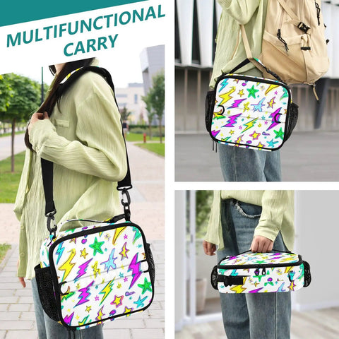 Colorful Lightning Bolt Insulated Lunch Bag With Shoulder Straps For Office School And Travel Your Go To Cooler That Keeps Meals Fresh In A Spacious Main Compartment With Two Side Mesh Pockets Durable Polyester Tote For Kids Women And Men. multicolor lightning bolt insulated lunch bag worn crossbody, polyester, with side mesh pockets