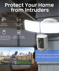 Super Bright Outdoor WiFi Floodlight Security Camera With 5000 Lumens 1080p HD displayed on wall with phone showing alerts