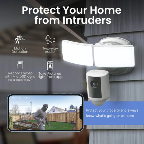 Super Bright Outdoor WiFi Floodlight Security Camera With 5000 Lumens 1080p HD displayed on wall with phone showing alerts