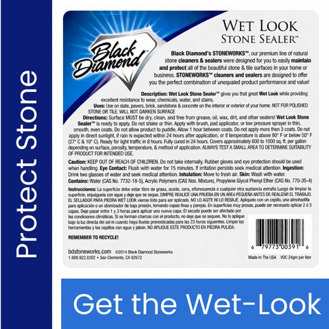 Label of Wet Look Stone Sealer For Pavers And Surfaces Indoor Outdoor Slick Gloss Finish That Locks In Color And Provides Water And Stain Protection For Driveways, Patios, Garage Floors, Slate, Sandstone, Travertine, Flagstone.