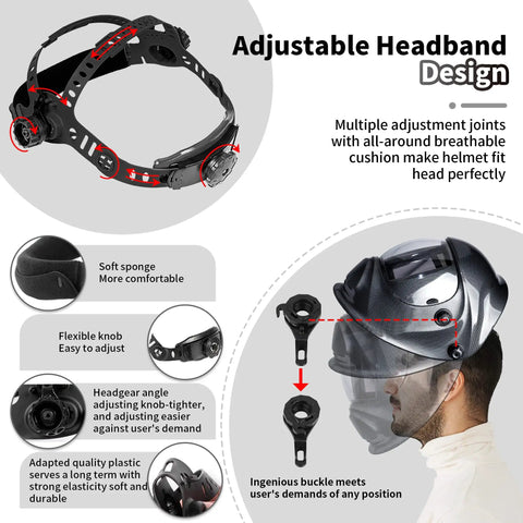 True Color Solar Powered Auto Darkening Welding Helmet With Large Viewing Window, showing adjustable headband design