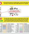 Image of a wiring harness color code chart for car stereos with compatibility guide for GM vehicles, including Scosche wire harness info.