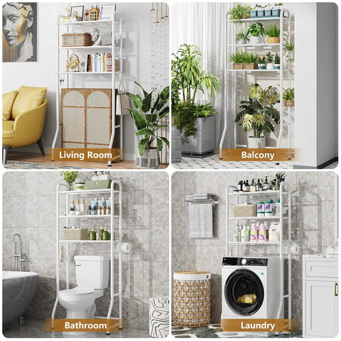 Over The Toilet Storage Rack With 3 Tier Metal Organizer Free Standing Bathroom Shelves Paper Holder And 3 Hooks used in living room, balcony, bathroom, and laundry