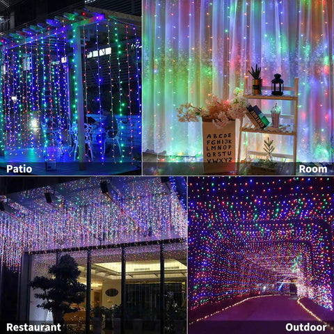 Cozy Colorful LED Curtain String Lights With Remote 9.8 Ft Hanging Fairy Lights 8 Modes in various decorative settings