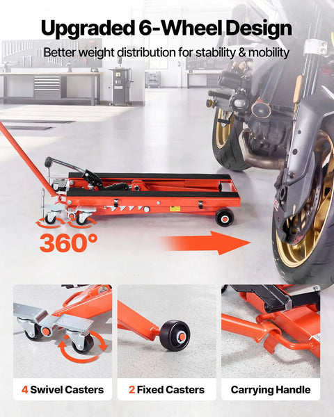 Hydraulic Motorcycle Lift Jack 1100 Lbs Capacity, Portable Scissor Lift Stand With Six Wheels, Foot Operated Hoist For Dirt Bikes, Adjustable Height From 4.72 To 15.15 Inches, Easy Use And Maintenance