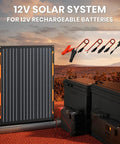 20W 12V Solar Panel Charger Kit With Built In Dual Stage Smart Charging Controller next to batteries at sunset