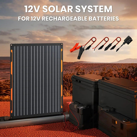 20W 12V Solar Panel Charger Kit With Built In Dual Stage Smart Charging Controller next to batteries at sunset