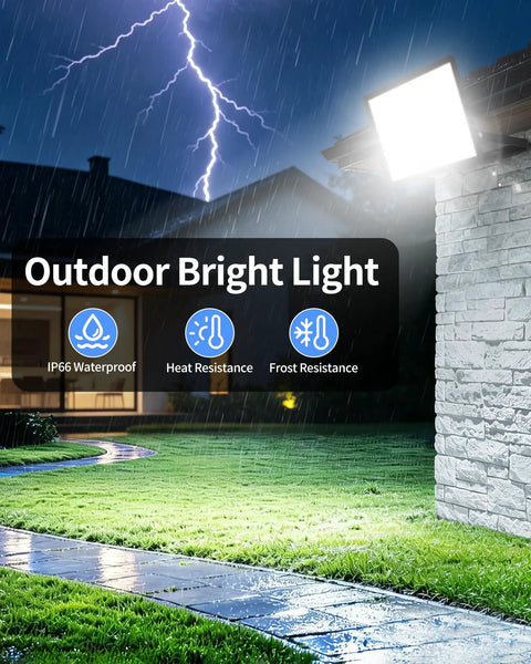 Heavy Duty Plug In LED Flood Light Delivering Hella Bright 24000 Lumens With Rugged IP66 Weatherproof Design For Backyard And Garage Illumination Featuring Top Tier 200 Watt Diodes Emitting Crisp 5000K Daylight White 120 Angle Beams