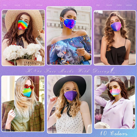 KN95 Face Masks 60 Pack Individually Wrapped 5 Layer Colorful Disposable Masks For Adults Men Women Breathable Fit, shown on models