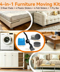 Heavy Duty Furniture Sliders With Lever Lift Tool, 12 Piece Multi Surface Moving Kit For Carpet Hardwood Floors, No Sweat Easy Glide Floor Protectors For Couch Bed Table collage of components including riser pads, sliders, and pry bar.