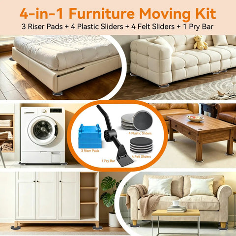 Heavy Duty Furniture Sliders With Lever Lift Tool, 12 Piece Multi Surface Moving Kit For Carpet Hardwood Floors, No Sweat Easy Glide Floor Protectors For Couch Bed Table collage of components including riser pads, sliders, and pry bar.