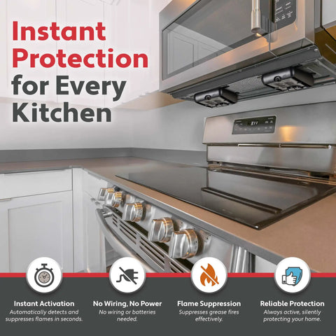 LowPro Fire Suppressor For Over The Range Microwaves Automatic Flame Activated Fire Safety For Kitchens installed above stove