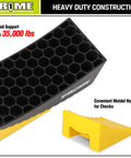 Heavy Duty RV Leveling Blocks With Anti Slip Mats and Wheel Chocks for Travel Trailers and Motorhomes Smooth Sailing Quick Setup, showing honeycomb design and molded handle.