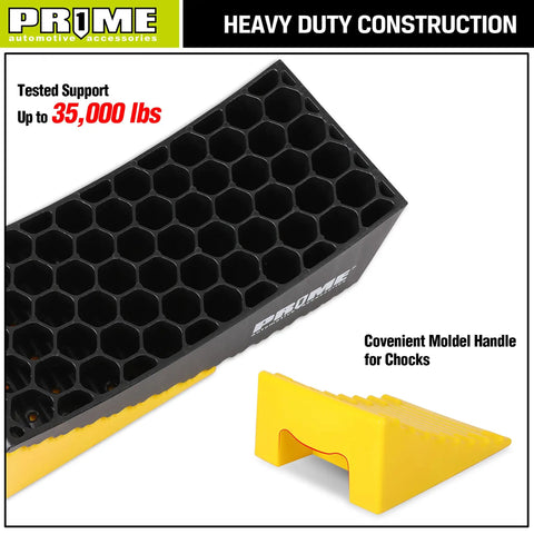 Heavy Duty RV Leveling Blocks With Anti Slip Mats and Wheel Chocks for Travel Trailers and Motorhomes Smooth Sailing Quick Setup, showing honeycomb design and molded handle.
