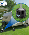6 Inch Trailer Jack Block With Carry Bag For RV And Travel Trailers installed under RV stabilizer, shown in black polymer material
