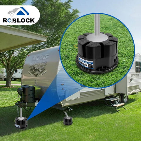 6 Inch Trailer Jack Block With Carry Bag For RV And Travel Trailers installed under RV stabilizer, shown in black polymer material