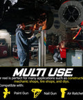 Mechanic using Retractable Air Hose Reel Workhorse With 3-8 Inch By 50 Feet Hybrid Polymer Hose in an auto repair shop setting