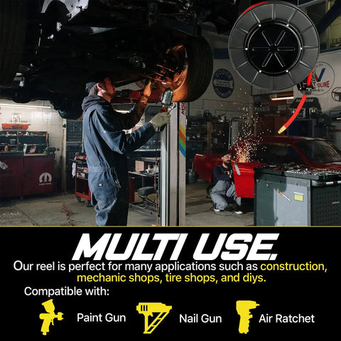 Mechanic using Retractable Air Hose Reel Workhorse With 3-8 Inch By 50 Feet Hybrid Polymer Hose in an auto repair shop setting
