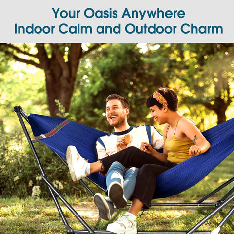 Couple enjoying Camping Hammock With Stand Easy Setup For Two Person 600 Lb Capacity Collapsible Hammock, blue in outdoor setting