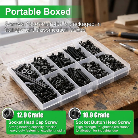Complete M3 Hardware Kit 1002-Piece Set With Hex Socket Cap Head And Button Head Screws, nuts, washers, organized in a box