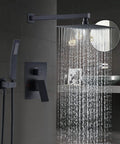 Black 10 Inch Rain Shower System With Wall Mounted Mixer, Luxury Spa Grade Set, Powerful Rainfall, All Brass Faucets Display