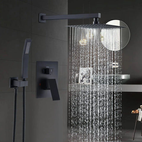 Black 10 Inch Rain Shower System With Wall Mounted Mixer, Luxury Spa Grade Set, Powerful Rainfall, All Brass Faucets Display