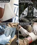IFAK trauma kit with tourniquet; black MOLLE bag; contains triangular, Israeli, elastic bandages and a thermal blanket.